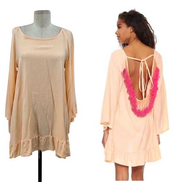 Sundress Indiana Dress Tunic Beach‎ Tasseled Beaded Peach Neon Pink Size XS - Picture 1 of 13